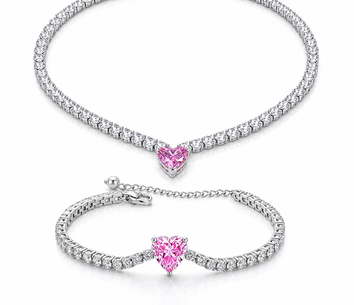 Set Colier + Bratara CADOU - PINK HEART Tennis cu Diamante
