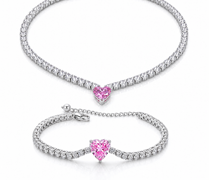 Set Colier + Bratara CADOU - PINK HEART Tennis cu Diamante