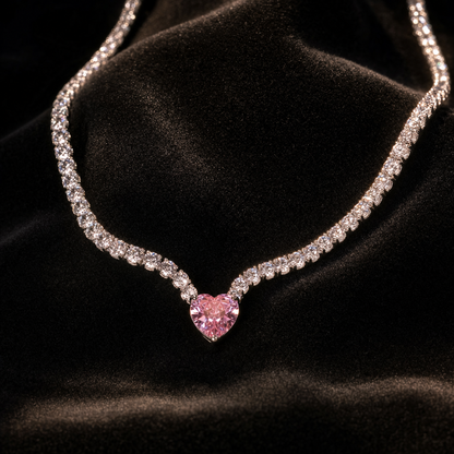 Set Colier + Bratara CADOU - PINK HEART Tennis cu Diamante