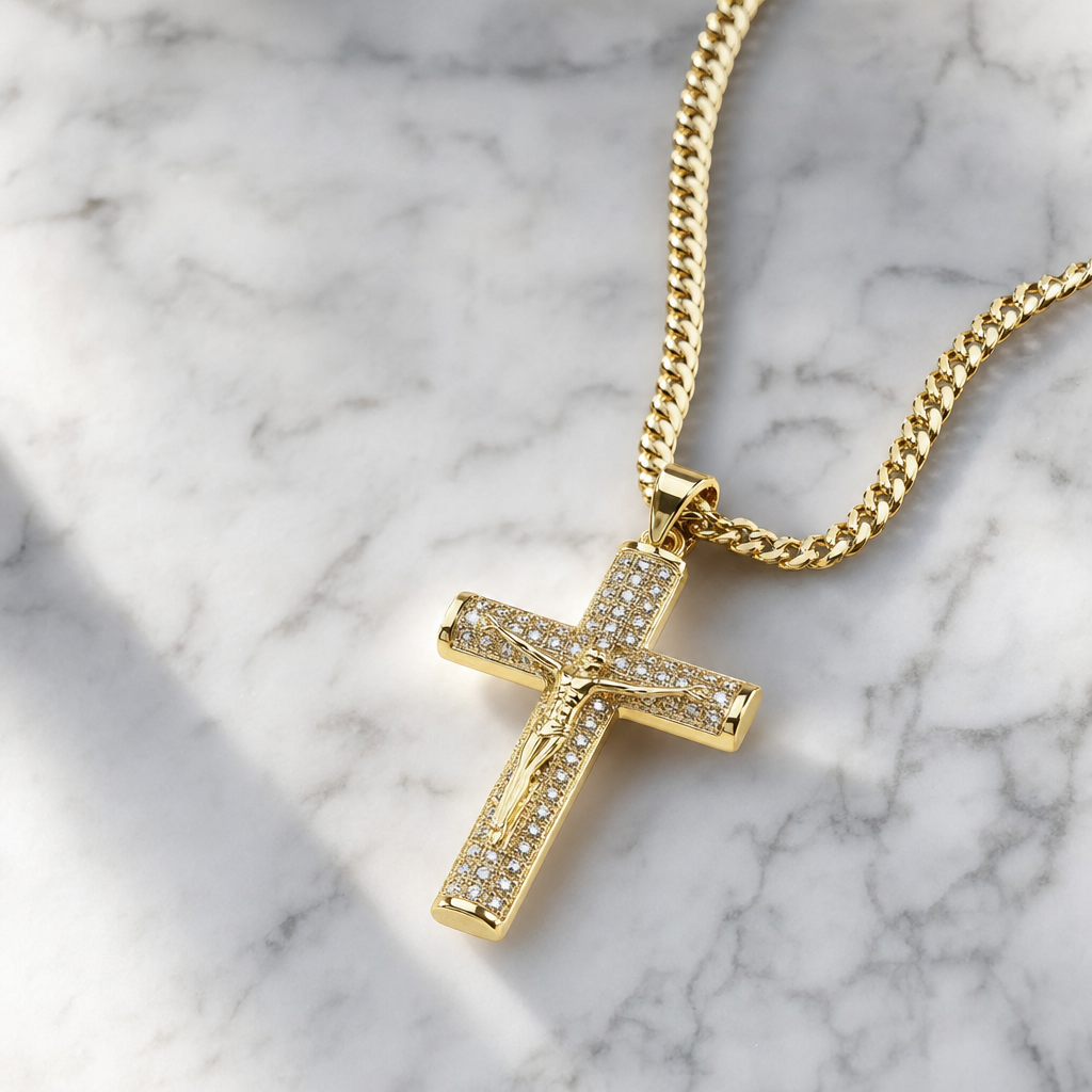 Colier Cruce DIVINE Gold Placat cu Aur si Diamante